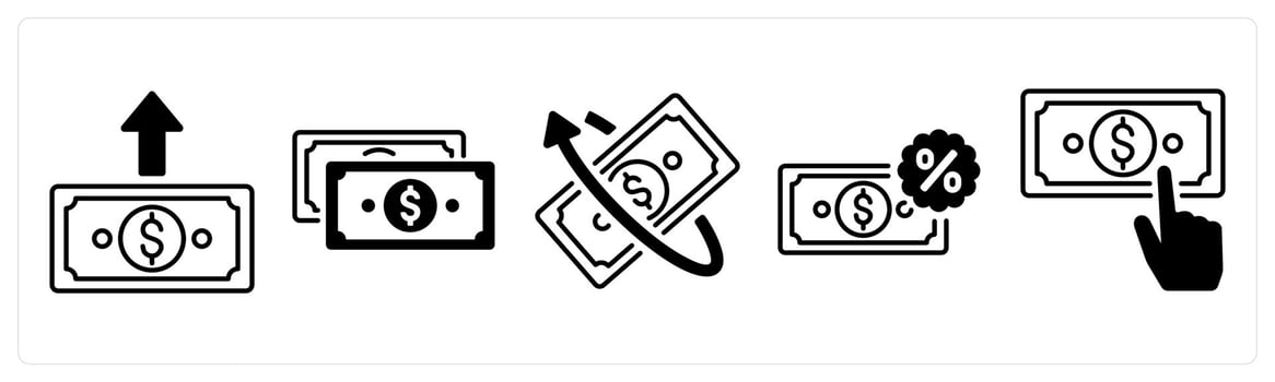 A set of 5 mix icons as send money, cash, money transfer in black color vector