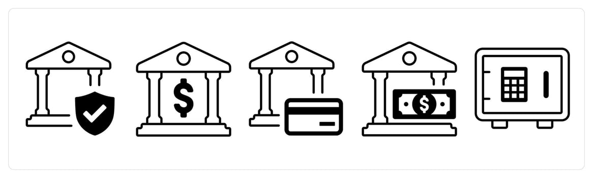 A set of 5 mix icons as approved bank, bank, bank wallet in black color vector