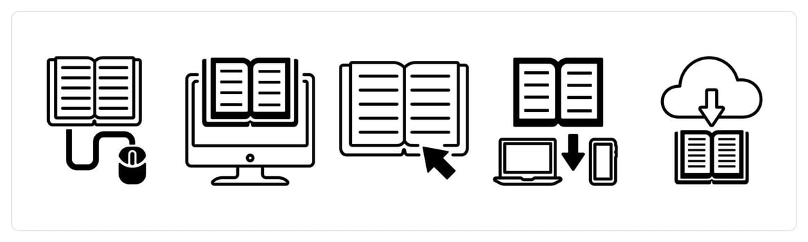A set of 5 mix icons as online study, e learning, online education in black color vector