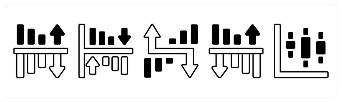 A set of 5 mix icons as evaluation, growth bars, profit analysis in black color vector