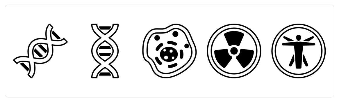 A set of 5 mix icons as dna, biology, nuclear in black color vector