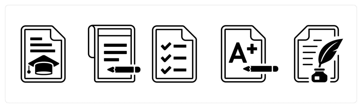 A set of 5 mix icons as certificate, write, examination in black color vector
