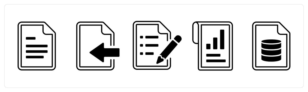 A set of 5 mix icons as article sheet, document recieved, text document in black color vector