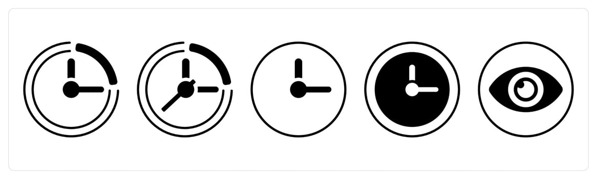 A set of 5 mix icons as time, clock, watch in black color vector