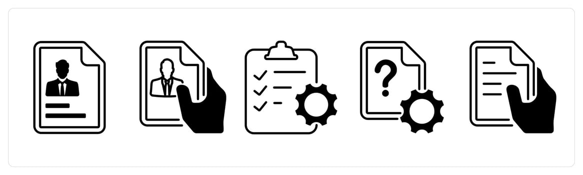 A set of 5 mix icons as resume, profile document, clipboard in black color vector