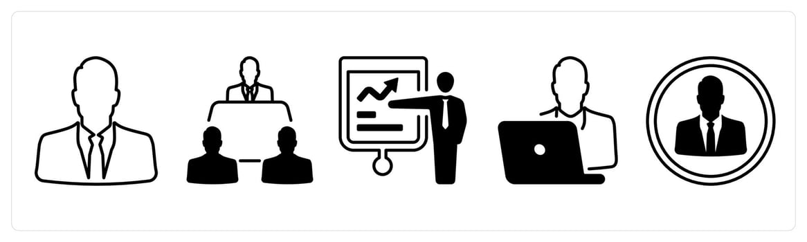 A set of 5 mix icons as man, meeting room, presentation in black color vector