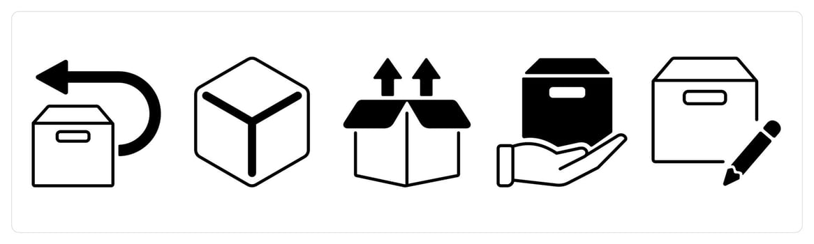 A set of 5 mix icons as forward box, box, upload box in black color vector