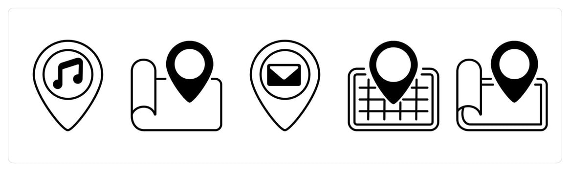 A set of 5 mix icons as music location, location, message location in black color vector