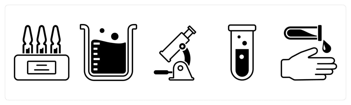 A set of 5 mix icons as ampoule, lab beaker, microscope in black color vector