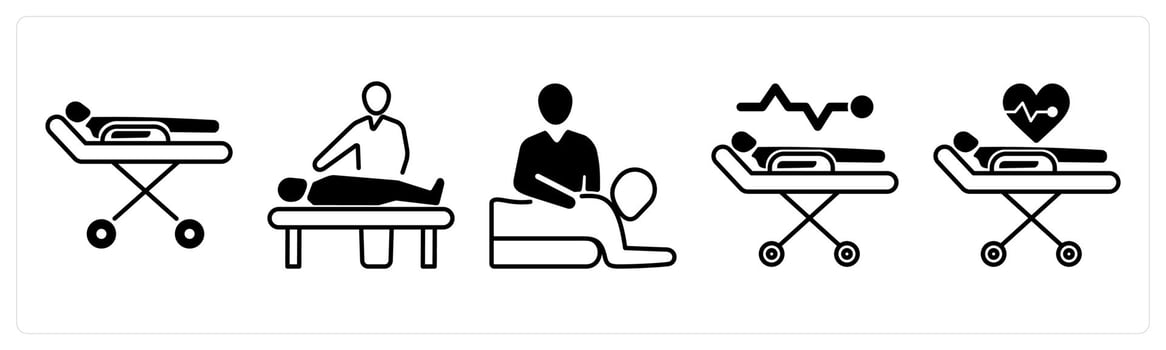 A set of 5 mix icons as stretcher, patient visitor, physical medicine in black color vector