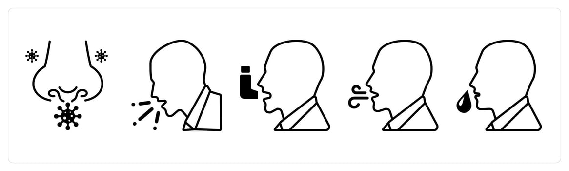 A set of 5 mix icons as allergy, cough, asthma in black color vector