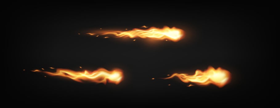 Flying fireballs set. Digital illustration of three dynamic fire trails set against a dark backdrop. Vivid flames illuminate the black space creating dramatic contrast enhancing intensity. vector