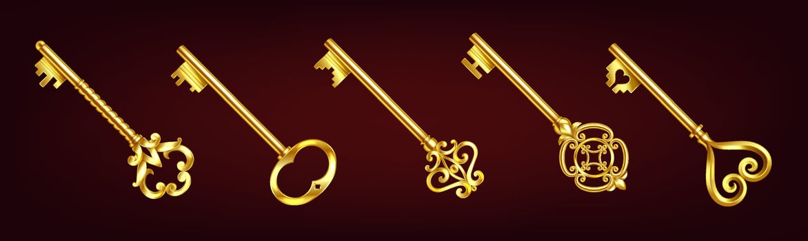 Illustration of five ornate golden keys in vintage style on dark red background. Detailed design showcases elegance and sophistication, perfect for decor items. vector