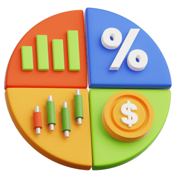 A vibrant 3D pie chart symbolizes financial data, visualizing diverse economic components with bright colors, a dollar sign, and a percentage symbol, representing financial growth. png