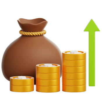 An upward financial journey, symbolized by stacks of gold coins ascending alongside a money bag and rising green arrow. png