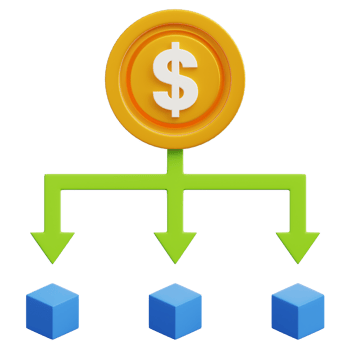 A symbolic representation of financial distribution shows the currency symbol dividing its resources into several channels. This suggests the spreading of finances to various options. png