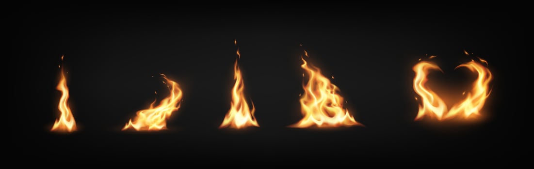 Illustration of different fire flames against black background. Vibrant orange and yellow tones depict fiery shapes and patterns. Ideal for creative designs. vector