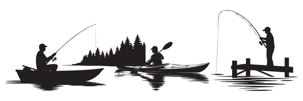 Outdoor Fishing and Kayaking Illustrations with Silhouettes on Water for Adventure Themes vector