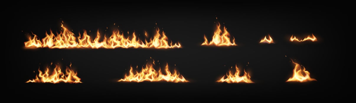 Set of realistic flames in vivid colors on dark backdrop. Perfect for digital design and special effects. Includes various shapes and sizes for creativity. vector