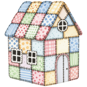 A charming and colorful illustration of a patchwork house, featuring a whimsical design of vibrant fabrics and stitched details, is an inviting scene. png