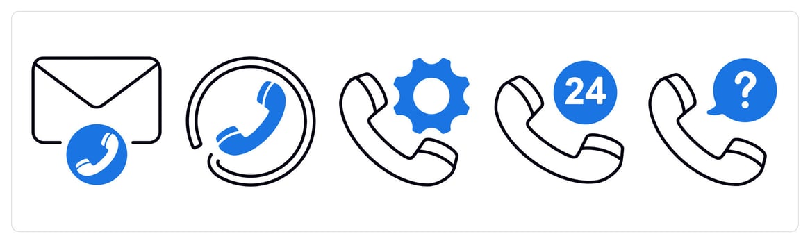 A set of 5 mix icons as email support, contact us, calling support in blue color vector