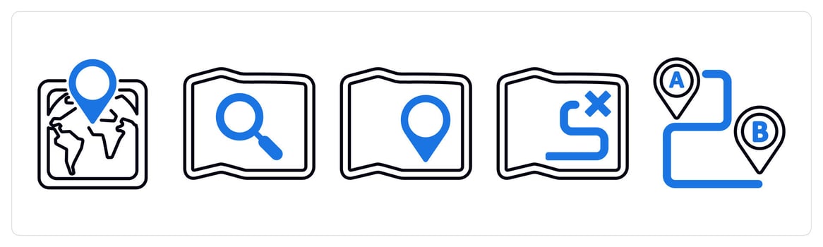 A set of 5 mix icons as location, search map, map in blue color vector