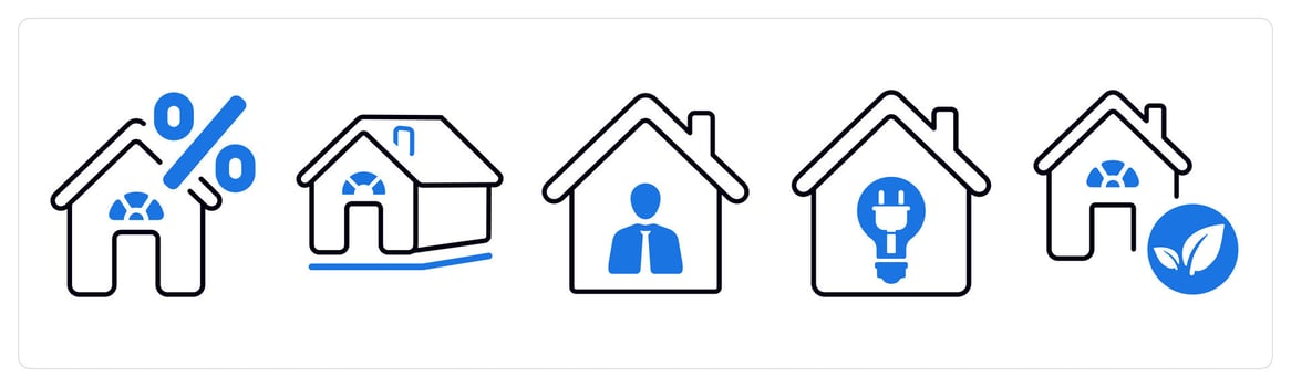A set of 5 mix icons as interest, rural house, realty owner in blue color vector