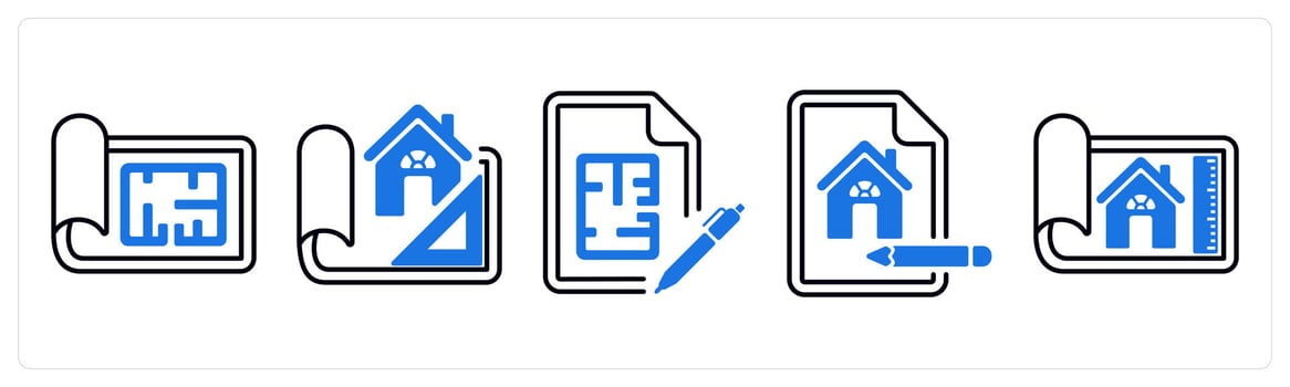 A set of 5 mix icons as blue print, design house, floor plan blue print in blue color vector