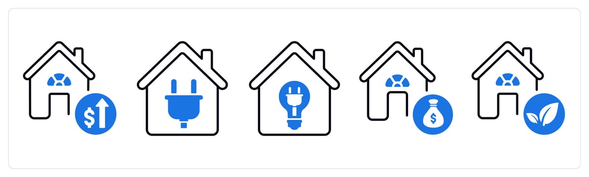 A set of 5 mix icons as property upgrades, domestic electricity, house financing in blue color vector