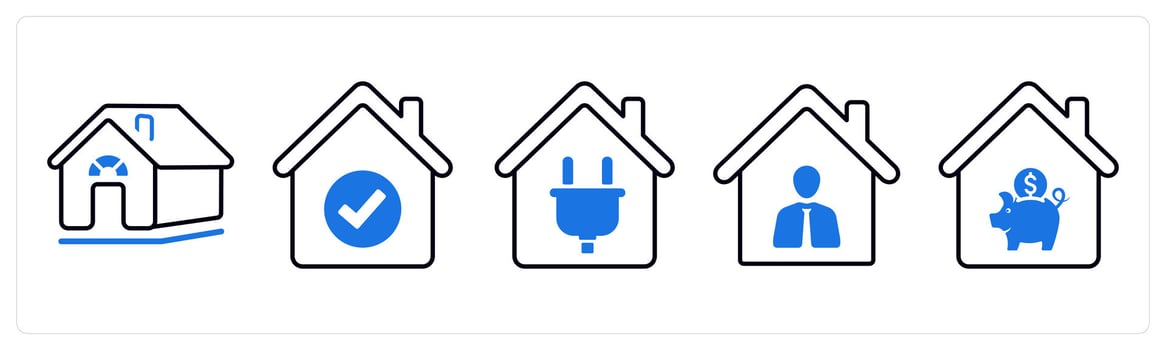 A set of 5 mix icons as rural house, true house, domestic electricity in blue color vector