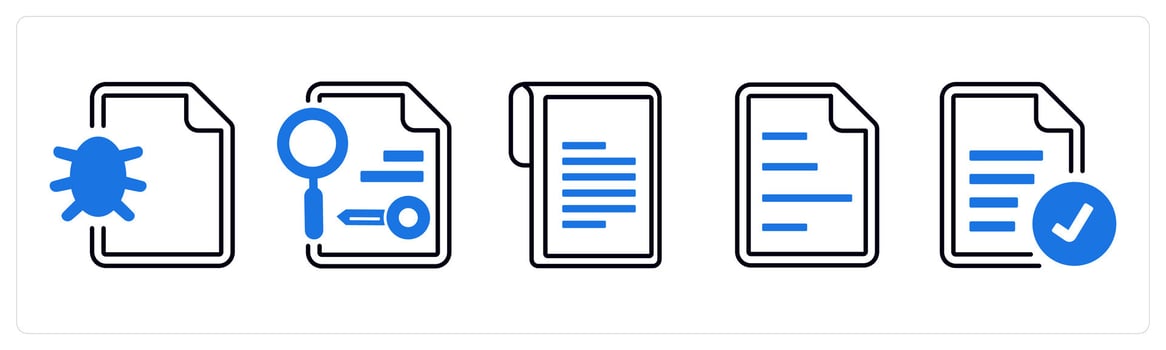 A set of 5 mix icons as virus, search keyword, document in blue color vector