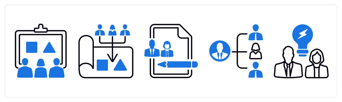 A set of 5 mix icons as planning, project, creative in blue color vector
