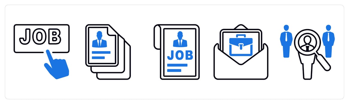 A set of 5 mix icons as search job, resume, job profile in blue color vector