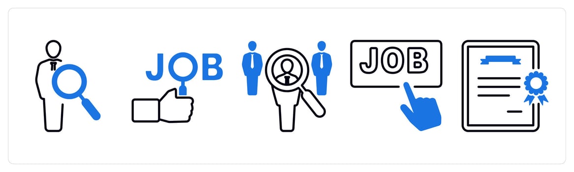 A set of 5 mix icons as search employee, search job, job hunt in blue color vector