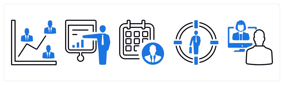A set of 5 mix icons as report, presentation, employee calendar in blue color vector