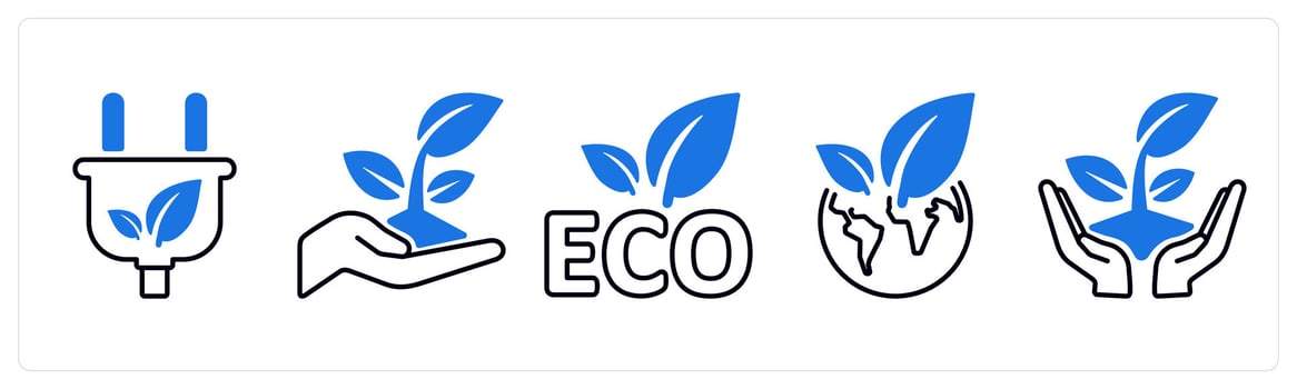 A set of 5 mix icons as green energy, plant, eco in blue color vector