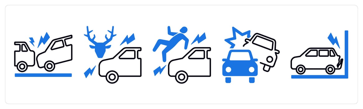 A set of 5 mix icons as car accident, accidental animal, accident injury in blue color vector