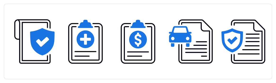 A set of 5 mix icons as insurance policy document, insurance cover, issurance claim in blue color vector