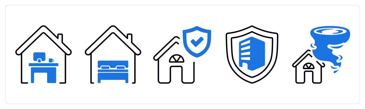 A set of 5 mix icons as personal insurance, property insurance, house protection insurance in blue color vector