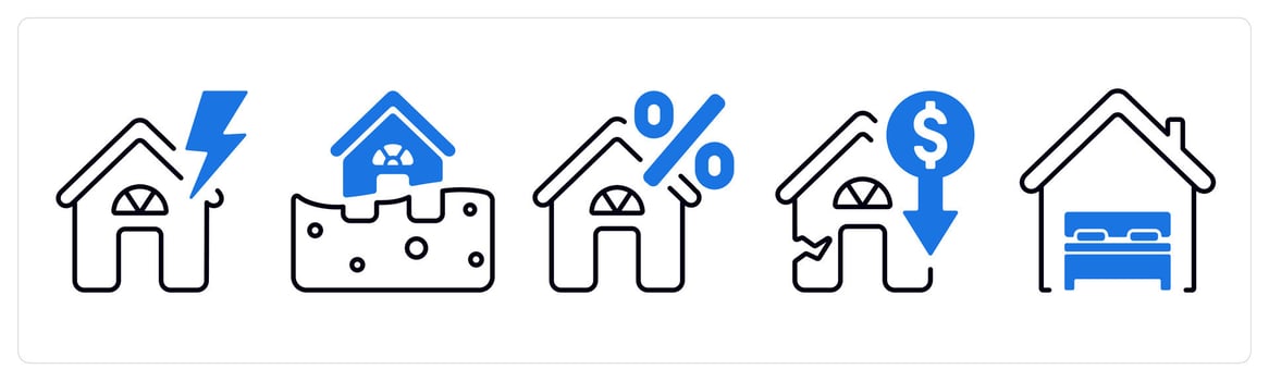 A set of 5 mix icons as thunderstrom insurance, flood insurance, home loan interest rate in blue color vector