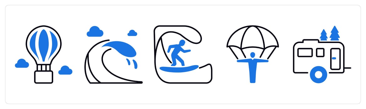 A set of 5 mix icons as hot air balloon, waves, surfing in blue color vector