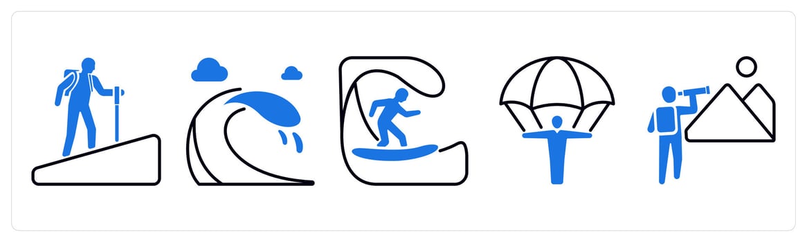 A set of 5 mix icons as hiking, waves, surfing in blue color vector