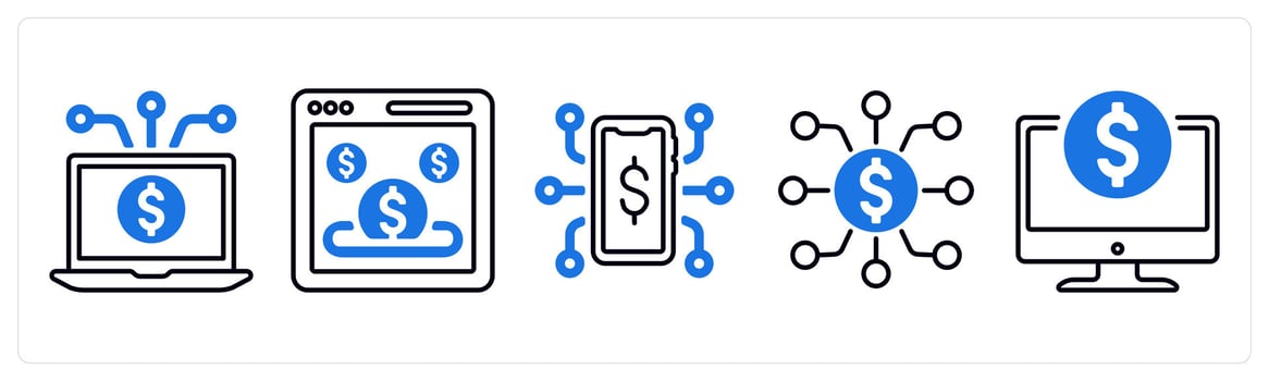 A set of 5 mix icons as money transaction, payment page, money network in blue color vector