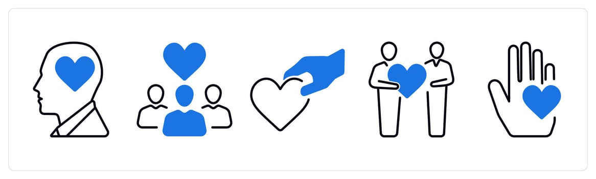 A set of 5 mix icons as kind, organization, help in blue color vector