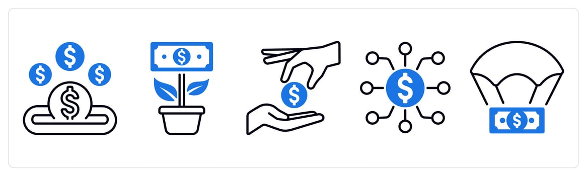 A set of 5 mix icons as funds, money plant, investment in blue color vector