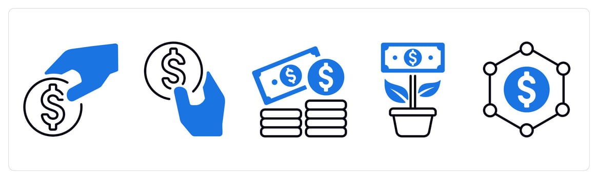 A set of 5 mix icons as finance, fundraising, money plant in blue color vector