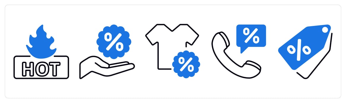 A set of 5 mix icons as hot deal, discount, sale offer in blue color vector