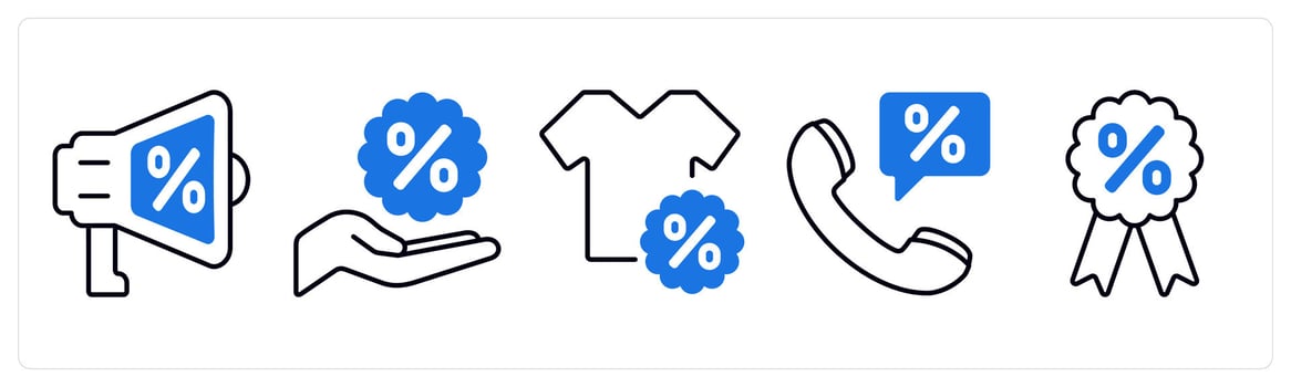 A set of 5 mix icons as promotion, discount, sale offer in blue color vector