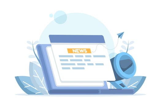 Concept of breaking news on the internet. Online news on a computer screen. Laptop with a press blog. News magazine on a digital device with a megaphone. Flat design. vector