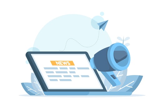 Illustration of a megaphone announcing news on a laptop. Announcements in a digital online newspaper. News magazine on a digital device with a megaphone. Flat design. vector